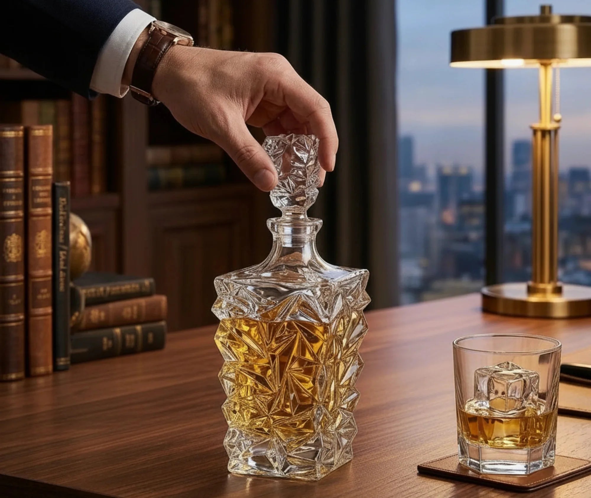 Main retirant le bouchon en cristal facetté de la carafe posée sur un bureau en bois, avec vue sur les gratte-ciels illuminés en soirée.
