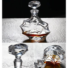 Collage montrant la carafe entière puis des gros plans sur le bouchon en cristal et le col sculpté.