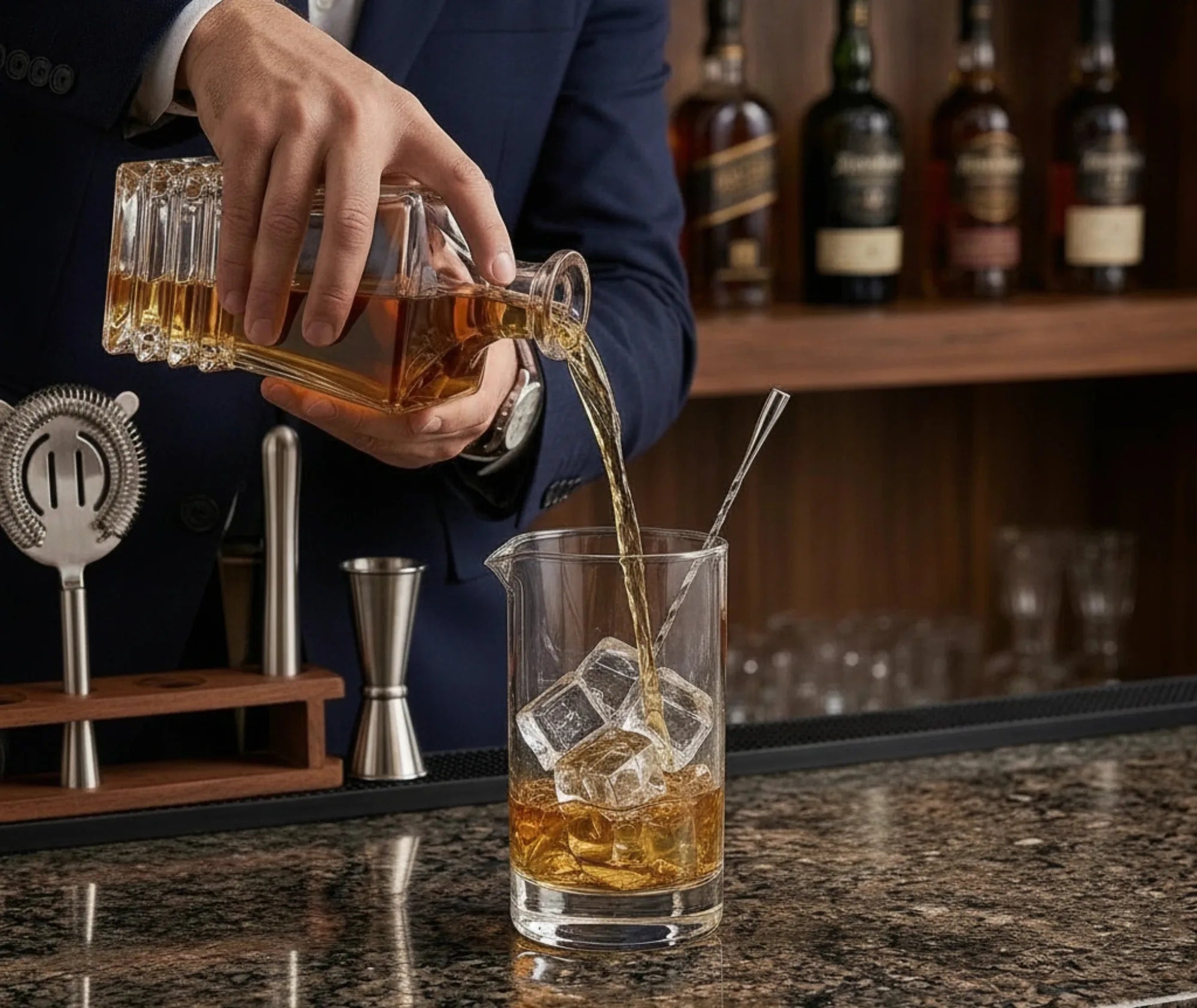 Un barman en costume verse du whisky depuis la carafe dans un verre à mélange rempli de glaçons, bar en bois à l'arrière-plan.