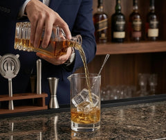 Un barman en costume verse du whisky depuis la carafe dans un verre à mélange rempli de glaçons, bar en bois à l'arrière-plan.
