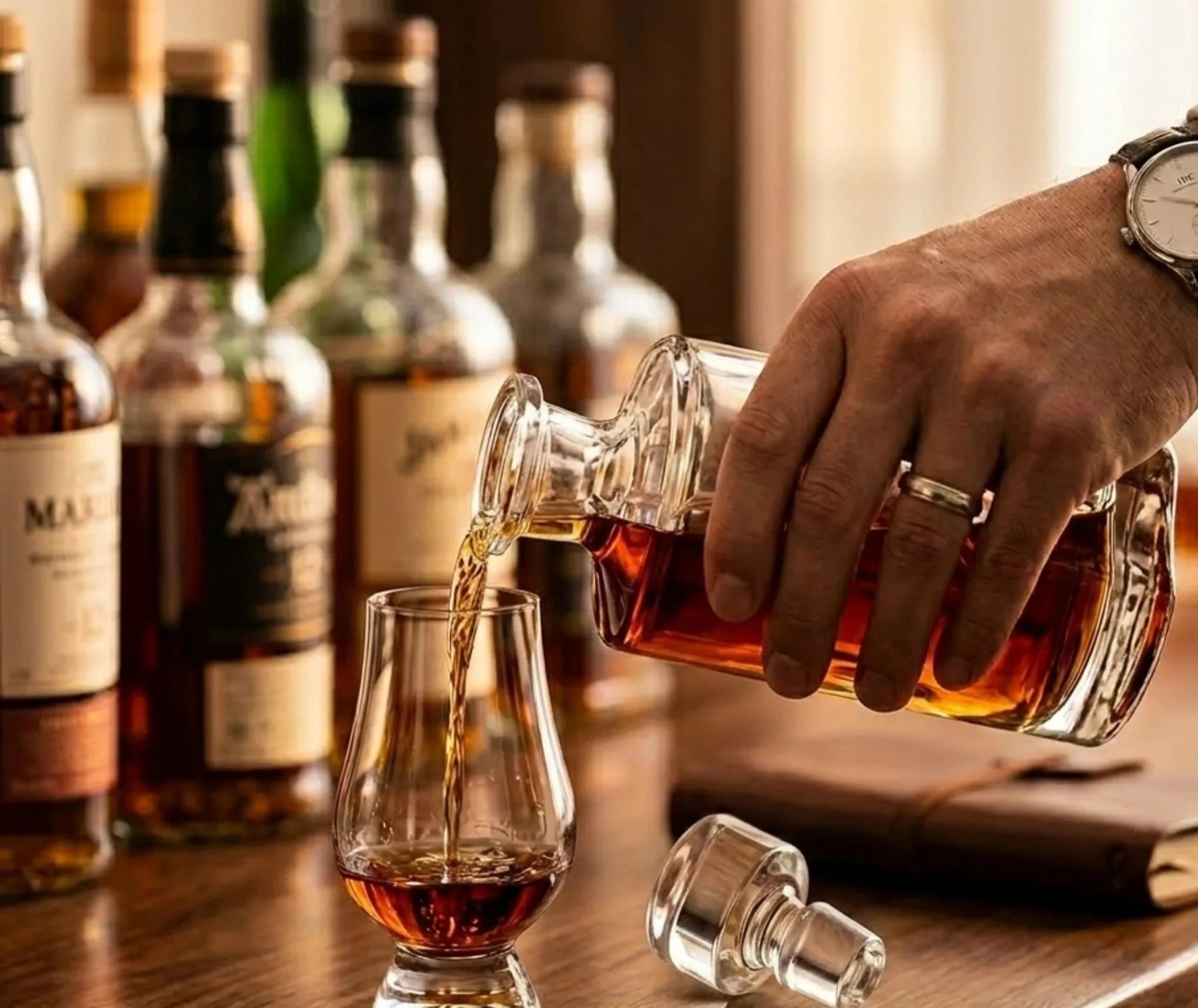 Homme versant du whisky depuis la carafe ronde dans un verre à dégustation, au comptoir d'un bar avec bouteilles en arrière-plan.