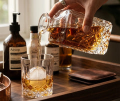 Main versant du whisky depuis la carafe sans plomb dans un verre à glaçon, sur un plateau en bois avec accessoires de bar.
