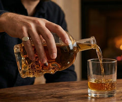Un homme verse du whisky depuis la carafe tête de mort dans un verre rond, dans une ambiance chaleureuse près d'une cheminée