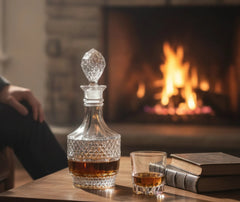 Carafe à whisky vintage remplie posée sur une table basse en bois avec un verre et des livres anciens, devant une cheminée allumée