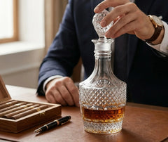 Homme en costume soulevant le bouchon en cristal de la carafe à whisky vintage posée sur un bureau en cuir, avec une boîte à cigares et un stylo plume