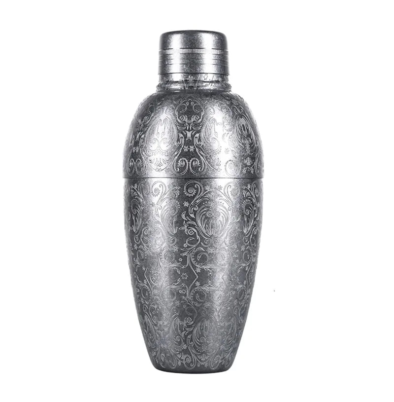 Shaker cocktail 500ml gris anthracite à motifs gravés, vue de face sur fond blanc