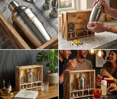 Collage de quatre photos : gros plan du shaker gravé, préparation d'un cocktail, coffret avec livre de recettes Savoy, et amis dégustant des cocktails.
