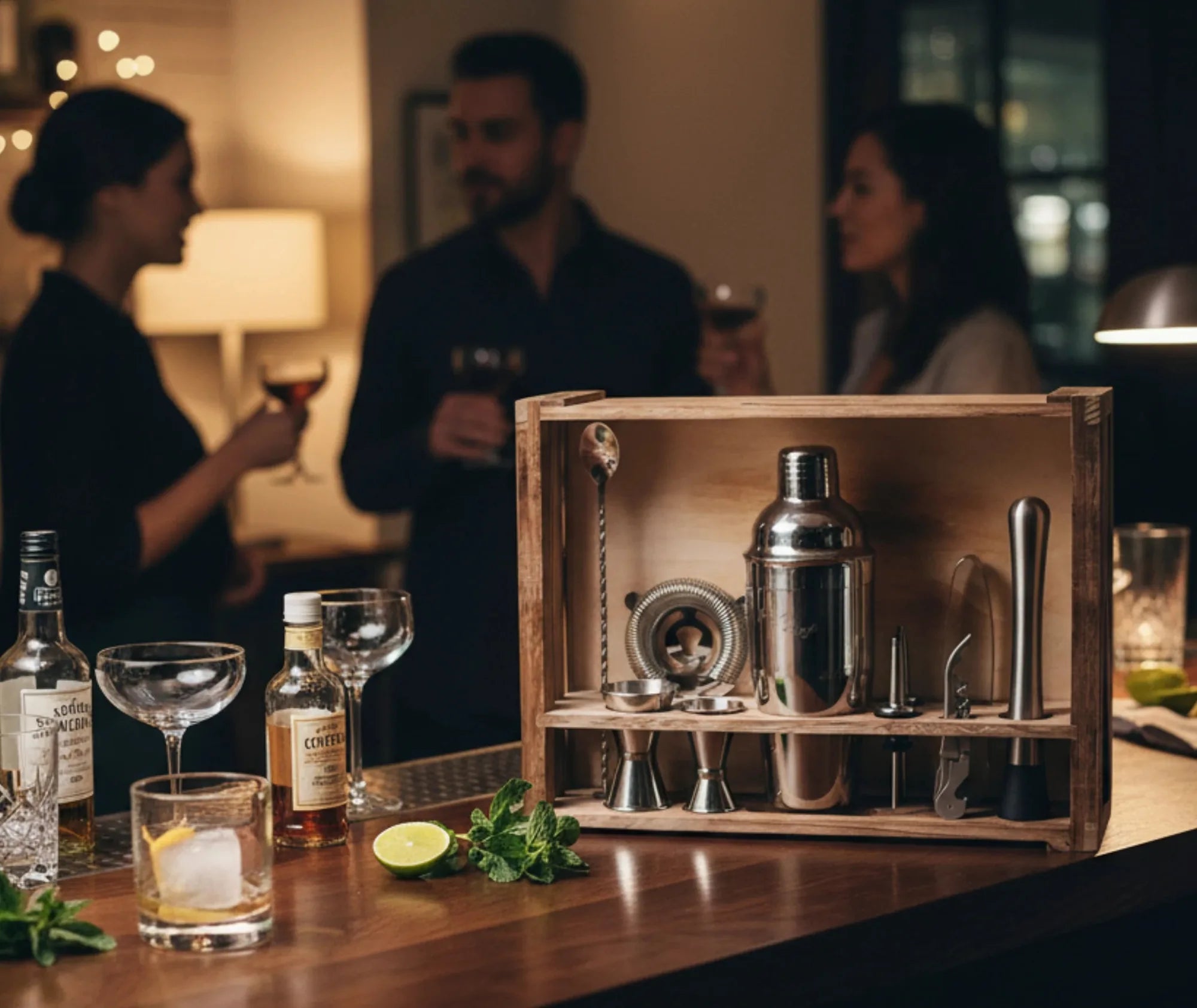 Coffret à cocktails en bois posé sur un bar lors d'une soirée entre amis, avec un verre de whisky garni de zeste de citron au premier plan.