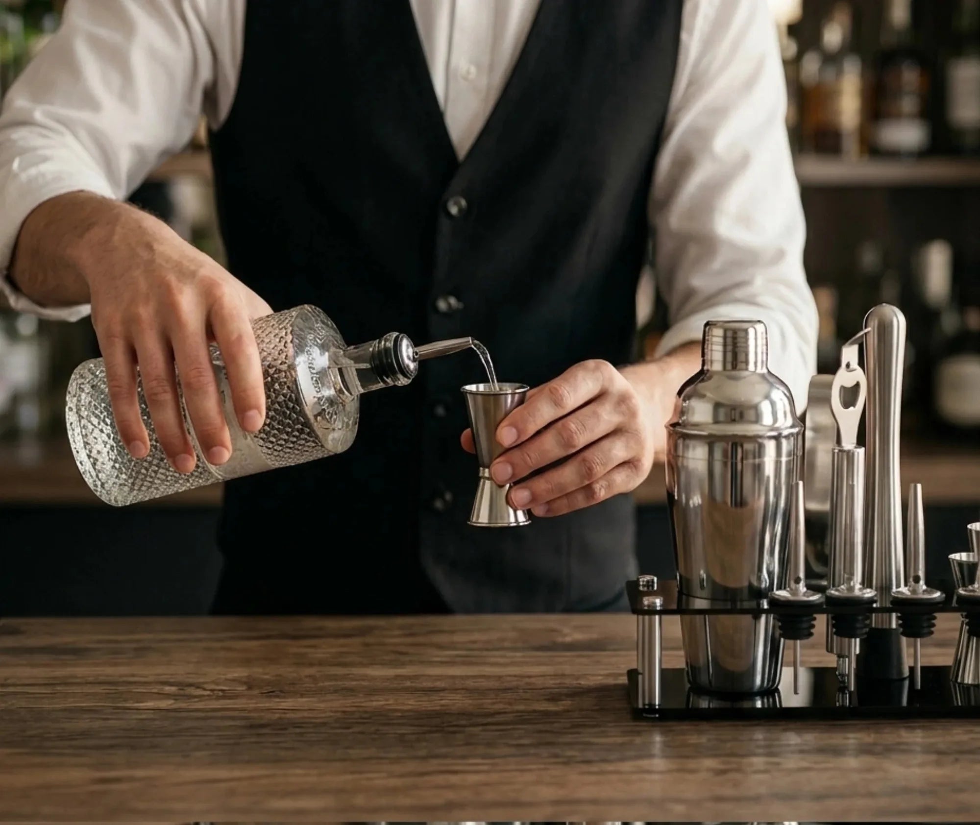 Barman versant de l'alcool dans le doseur jigger du coffret, shaker en inox posé sur un comptoir en bois