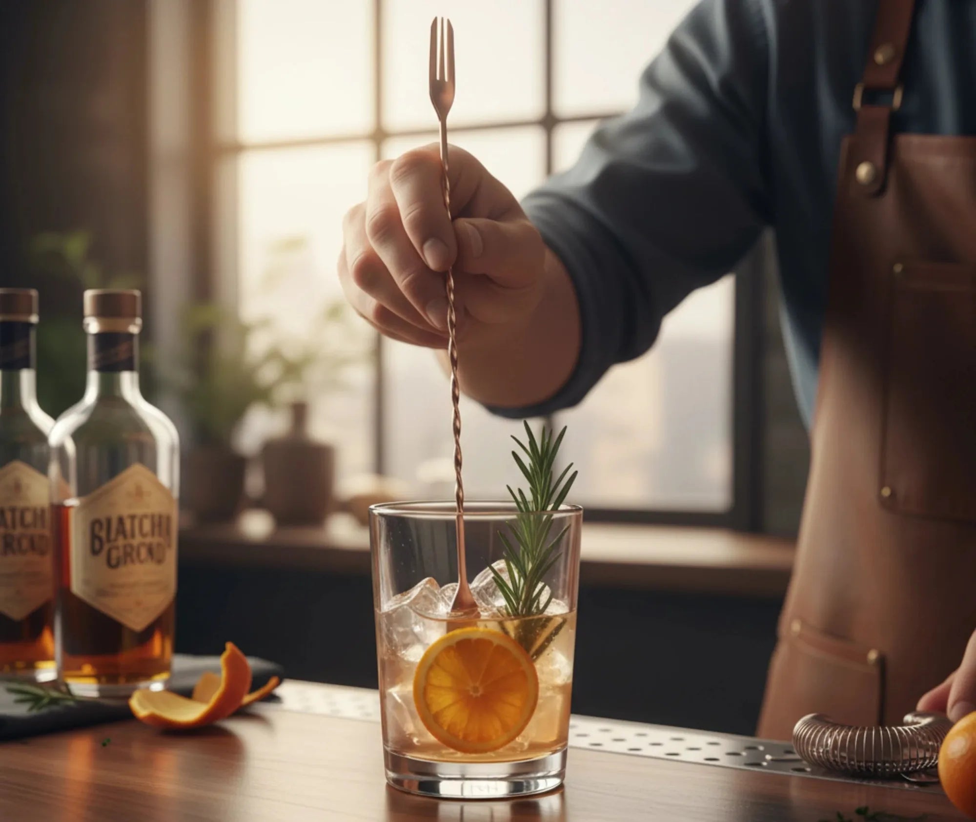 Barman utilisant la cuillère à cocktail pour remuer un cocktail ambré garni d'une tranche d'orange et d'un brin de romarin.