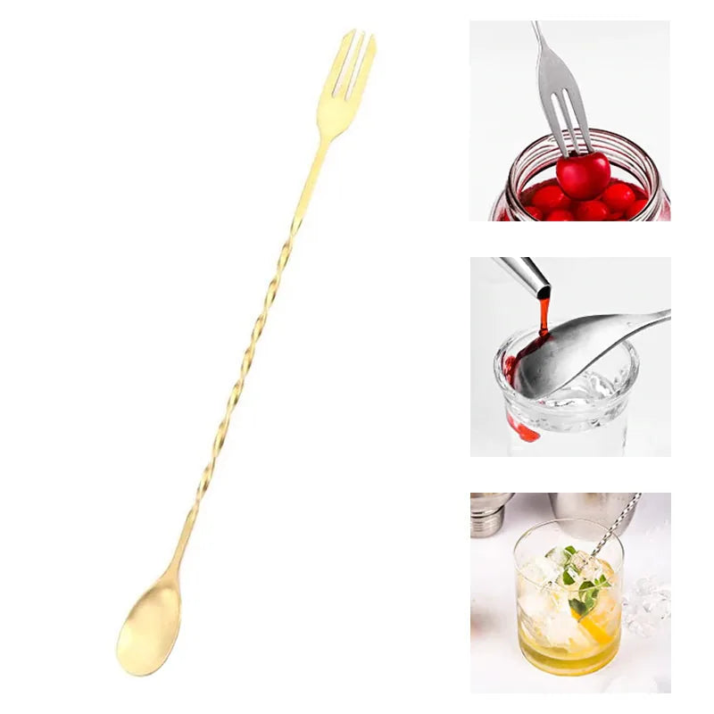 Collage montrant la cuillère à cocktail dorée et ses usages : cerises, versement de sirop, décoration d'un mojito