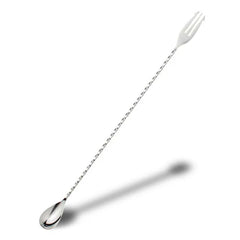 Cuillère de bar en acier inoxydable argenté avec fourchette à cerises intégrée, présentée sur fond blanc.