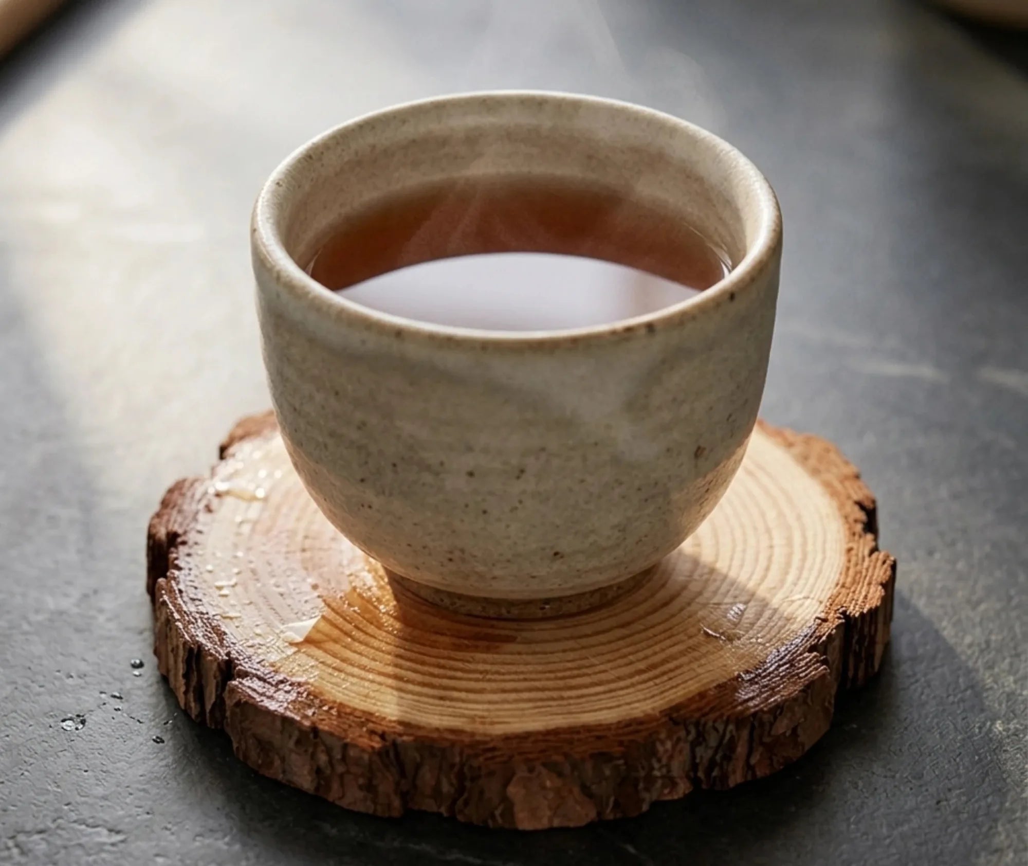 Tasse en céramique remplie de thé fumant posée sur un dessous de verre en bois, sur fond gris foncé.