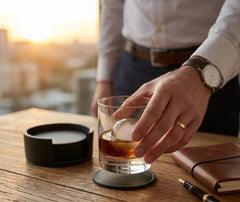 Main plaçant un glaçon dans un verre de whisky posé sur un dessous de verre en cuir noir, ambiance coucher de soleil.