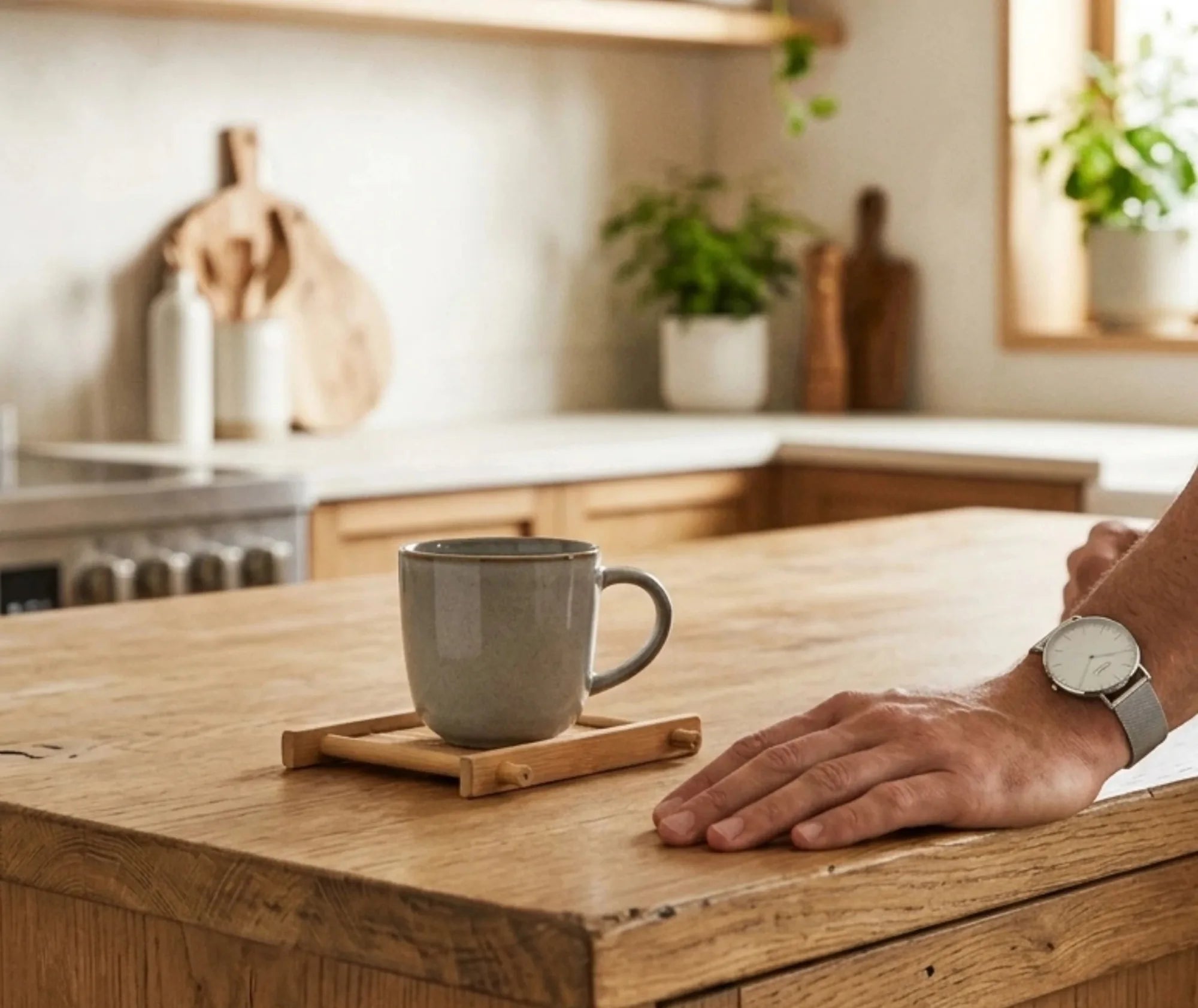 Tasse de café posée sur un dessous de verre japonais en bambou, sur un plan de travail en bois dans une cuisine