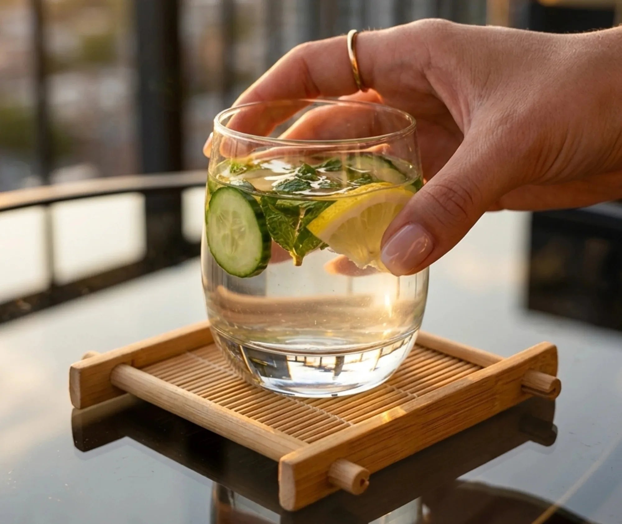 Main tenant un verre d'eau détox au concombre, citron et menthe posé sur un dessous de verre japonais en bambou, sur une terrasse au coucher du soleil