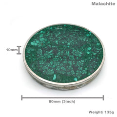 Schéma des dimensions du dessous de verre à cerclage argenté : 80 mm de diamètre, 10 mm d'épaisseur, 135 g