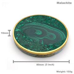 Schéma des dimensions du dessous de verre à cerclage doré : 80 mm de diamètre, 10 mm d'épaisseur, 155 g