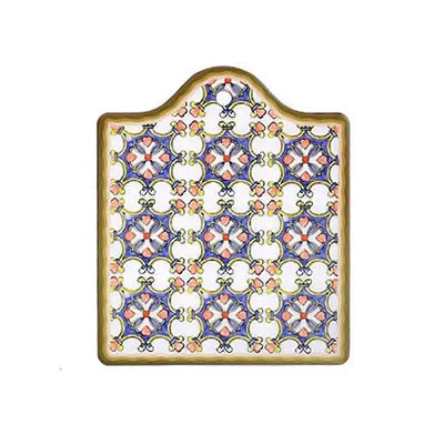 Dessous de verre mosaïque motif Amour, entrelacs bleu et violet avec accents floraux orange sur fond blanc.