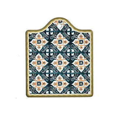 Dessous de verre mosaïque motif Lys, motifs floraux orange et blancs en losanges sur fond bleu marine.