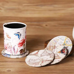 Contenu du kit : pot de rangement assorti à motif floral et papillon, accompagné des dessous de verre vintage.