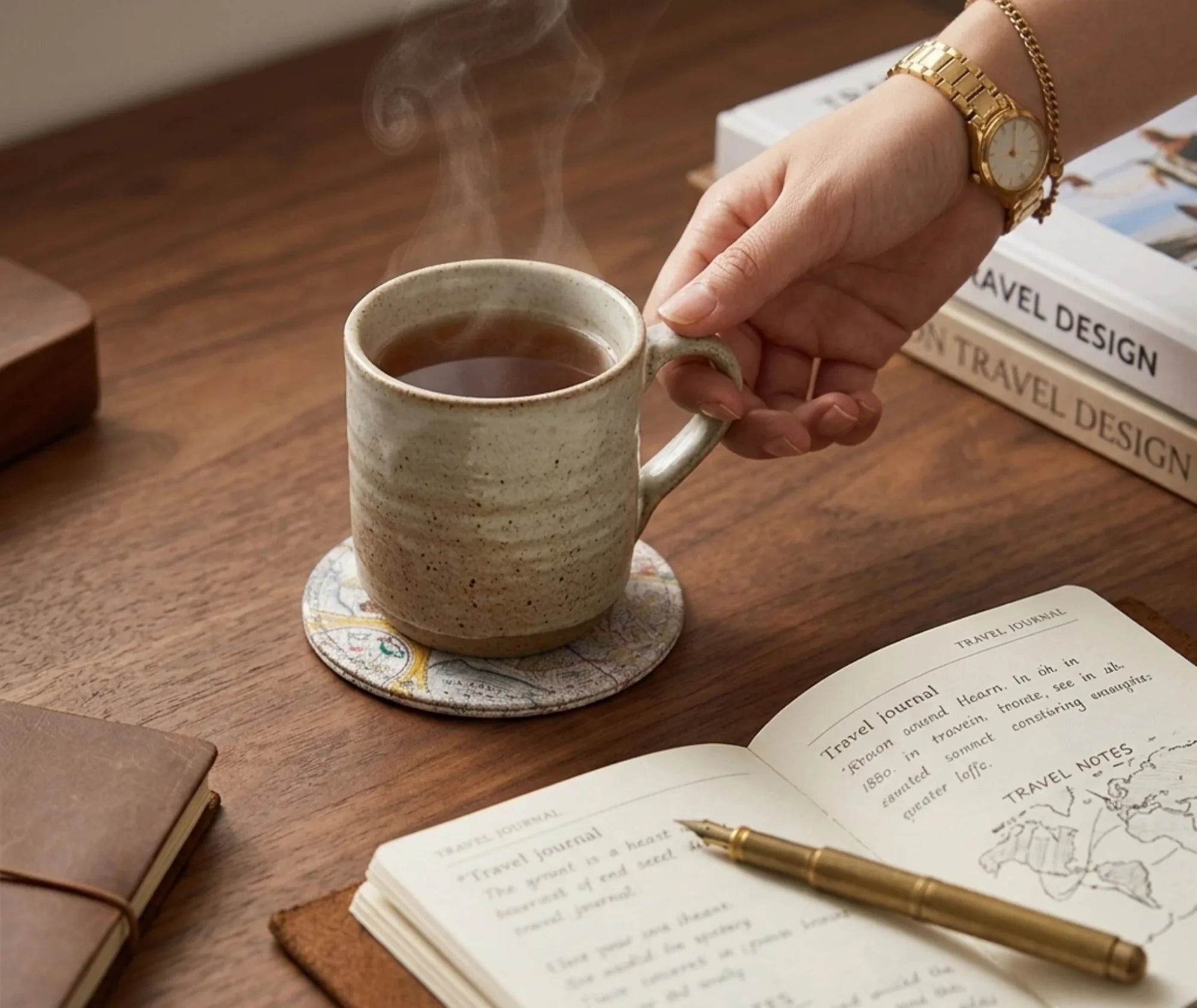 Main tenant une tasse de thé fumante posée sur un dessous de verre vintage, avec un carnet de voyage ouvert à côté.