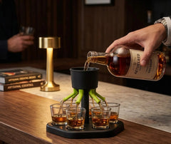 Dégustation de bourbon servi simultanément dans les 6 verres du distributeur, ambiance salon