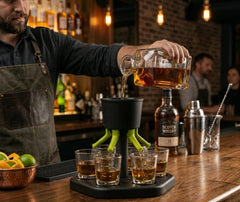 Barman servant du whisky simultanément dans les 6 verres du distributeur, au comptoir d'un bar