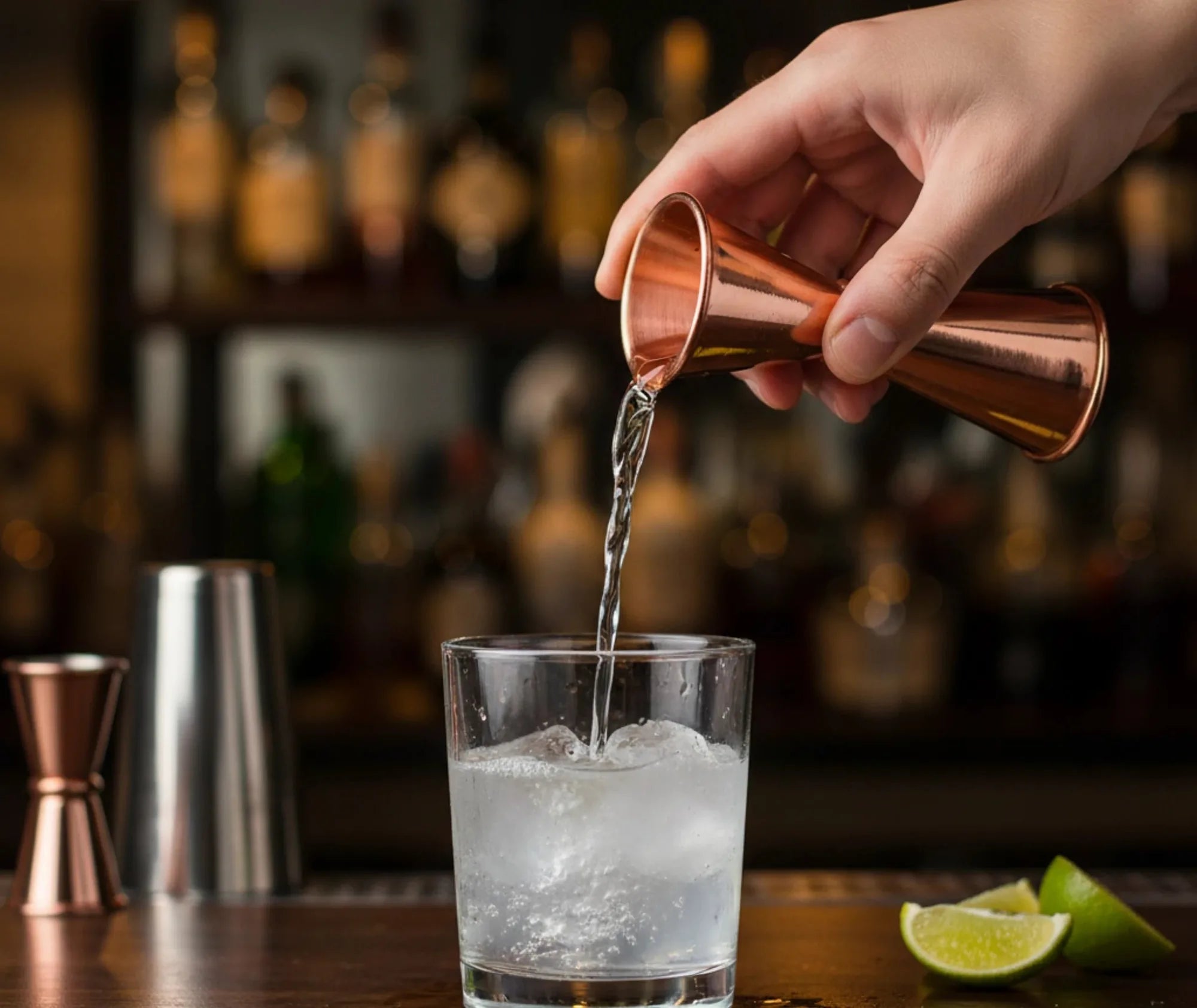 Doseur à cocktail cuivré utilisé au bar pour verser une boisson glacée garnie de citron vert, avec des bouteilles en arrière-plan.