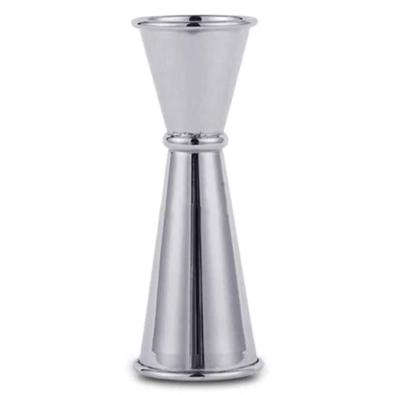 Doseur à cocktail double cône en inox argenté, photographié seul sur fond blanc.
