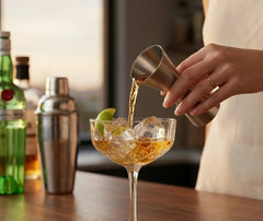 Doseur à alcool bar utilisé pour verser une dose de spiritueux dans un cocktail avec glaçons et zeste de citron vert