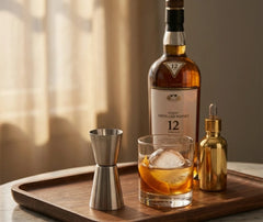 Doseur à alcool bar posé sur un plateau en bois à côté d'un verre de whisky, d'une bouteille de whisky 12 ans d'âge et d'un flacon compte-gouttes