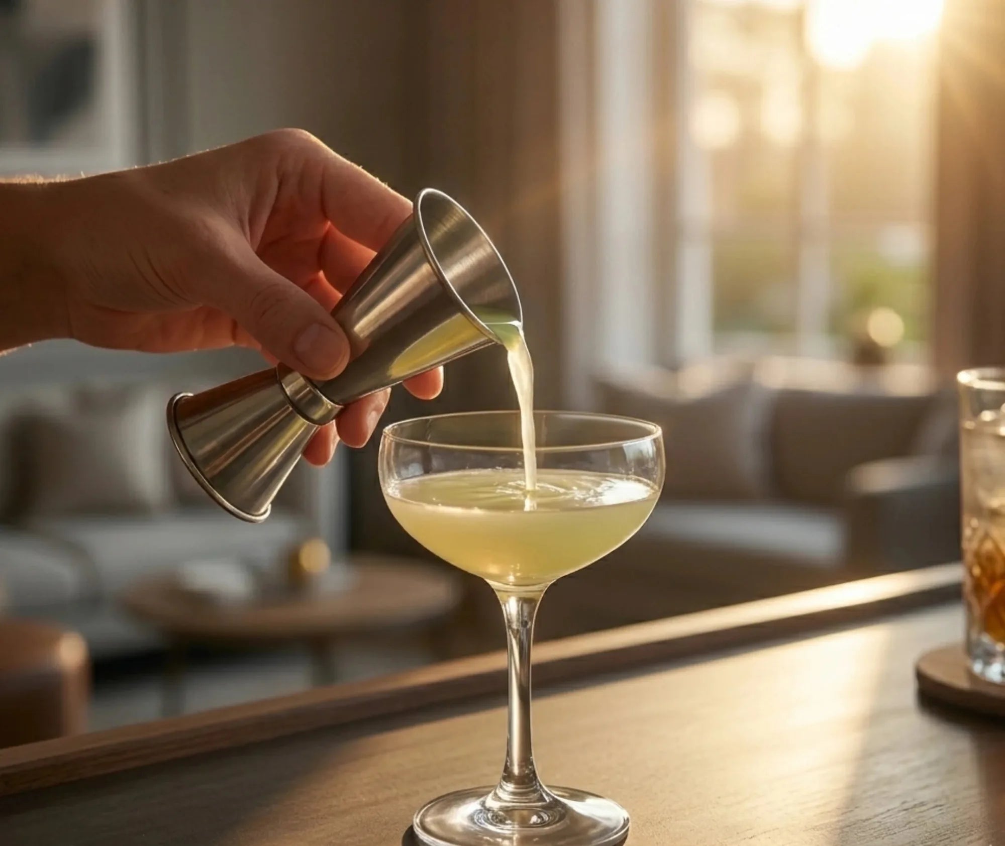 Doseur à alcool cocktail utilisé pour verser un cocktail dans une coupe, ambiance lumineuse