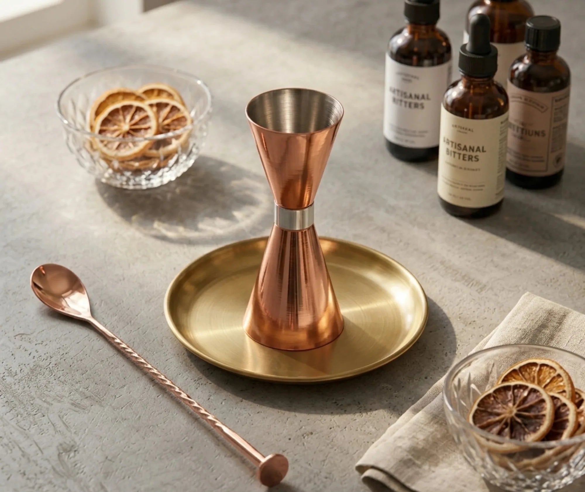 Doseur à cocktail rose gold posé sur un plateau doré entouré d'agrumes séchés et d'accessoires de bar