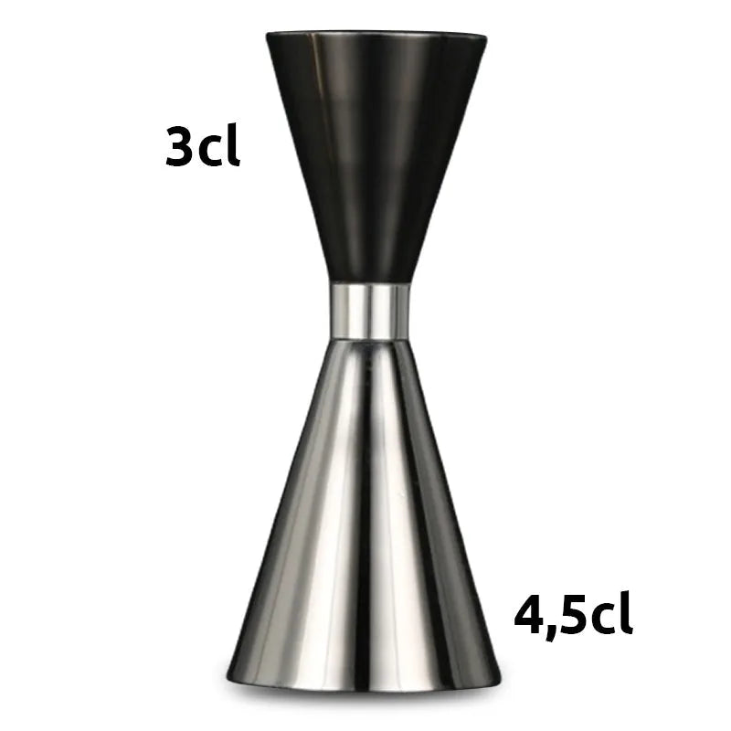Doseur à cocktail avec les graduations 3 cl et 4,5 cl indiquées sur fond blanc
