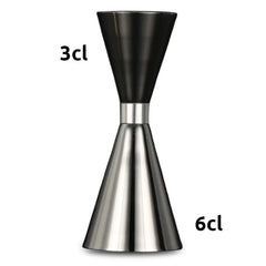 Doseur à cocktail avec les graduations 3 cl et 6 cl indiquées sur fond blanc