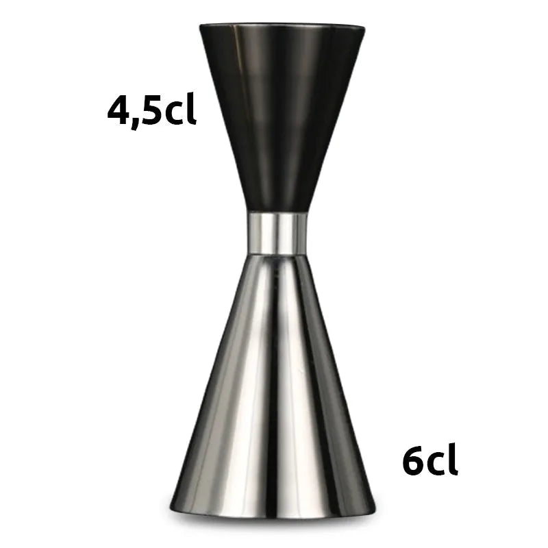 Doseur à cocktail avec les graduations 4,5 cl et 6 cl indiquées sur fond blanc