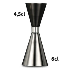 Doseur à cocktail avec les graduations 4,5 cl et 6 cl indiquées sur fond blanc