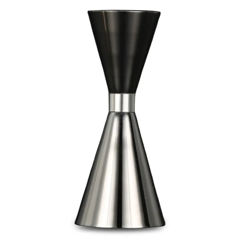 Doseur à cocktail bicône noir et argent sur fond blanc, vue de face