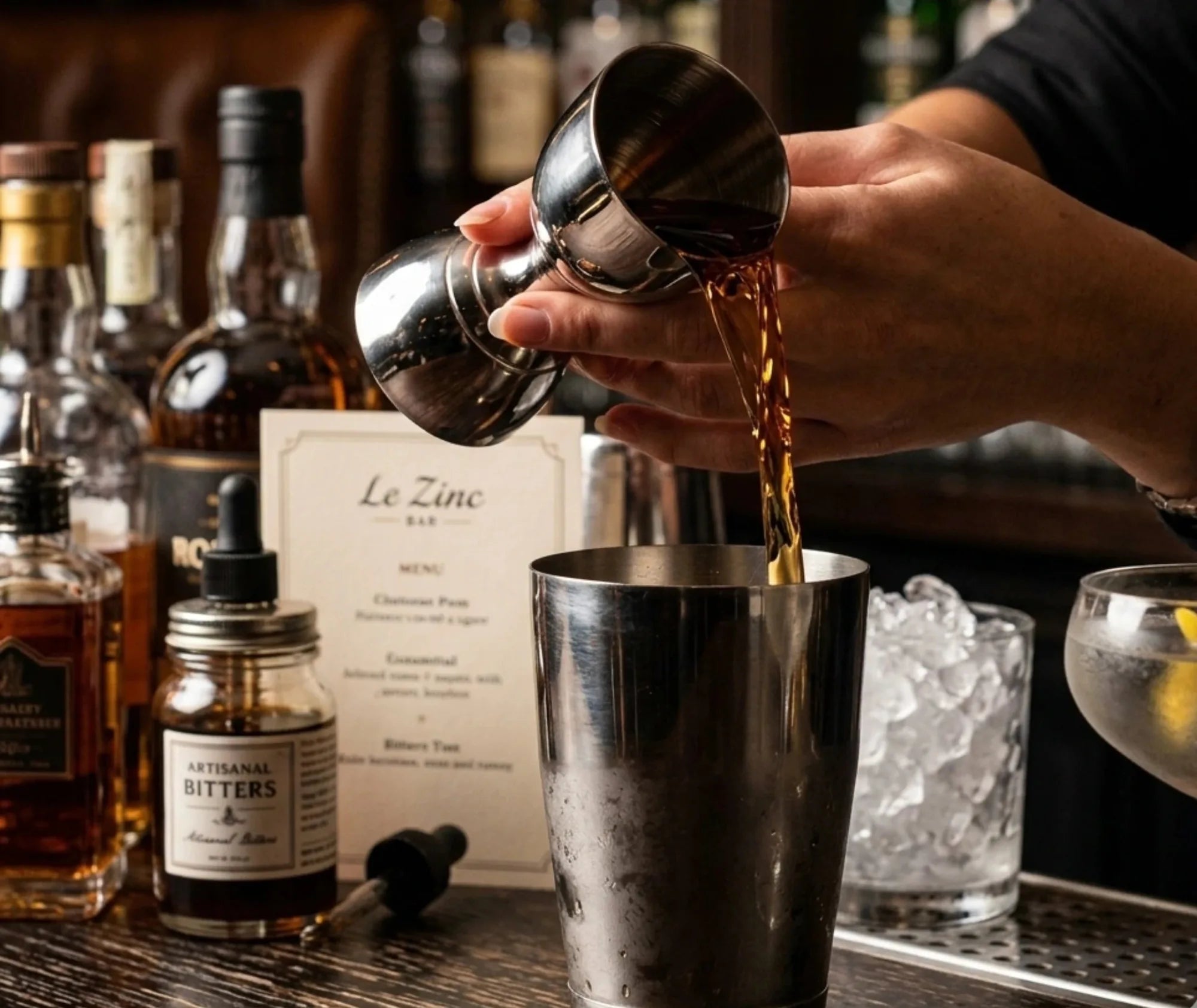 Barman versant de l'alcool depuis un doseur à cocktail argenté dans un shaker, au comptoir du bar Le Zinc.