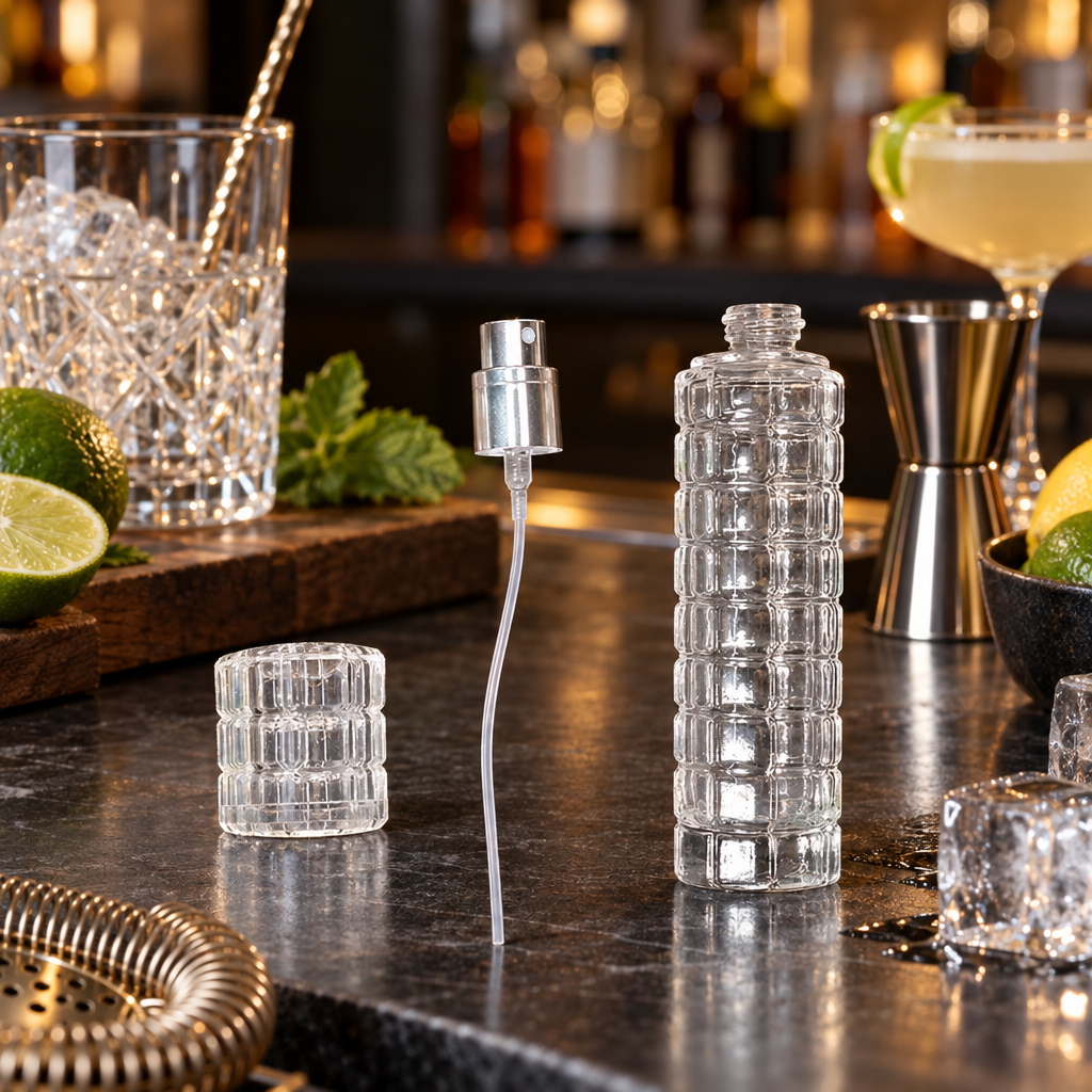 Flacon Doseur Rechargeable 30ml en Verre — Motif Damier - mise en scène bar