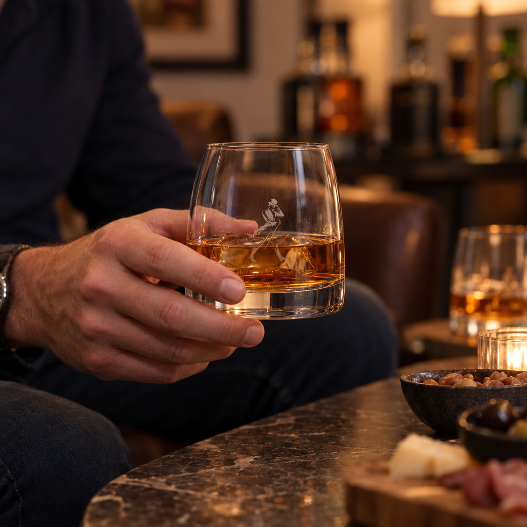 Verre à whisky transparent à fond épais - en situation d'utilisation
