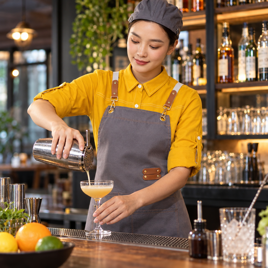 Tablier Barman Gris en Toile Canvas - en situation d'utilisation