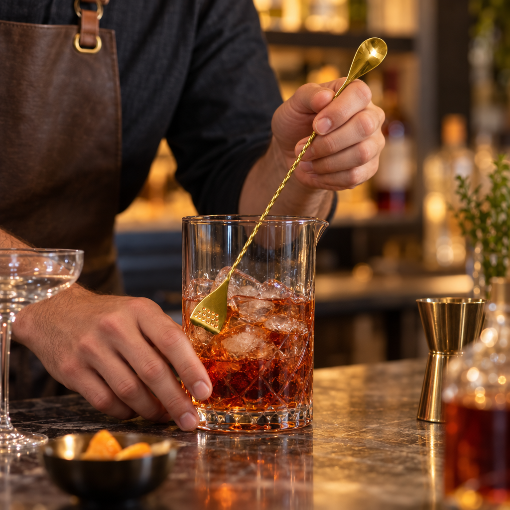 Cuillère de Bar Dorée avec Passoire — 30 ou 40 cm - en situation d'utilisation