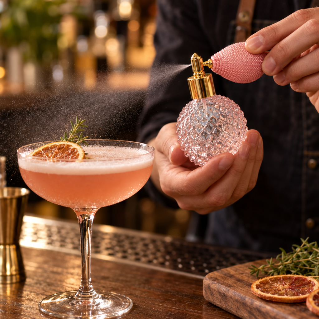 Flacon Pulvérisateur en Verre Rose - en situation d'utilisation