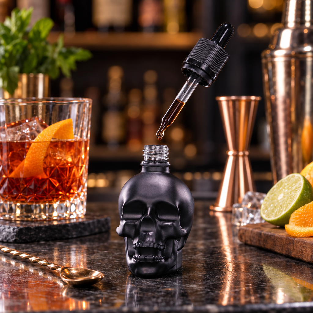 Flacon Tête de Mort en Verre - mise en scène bar