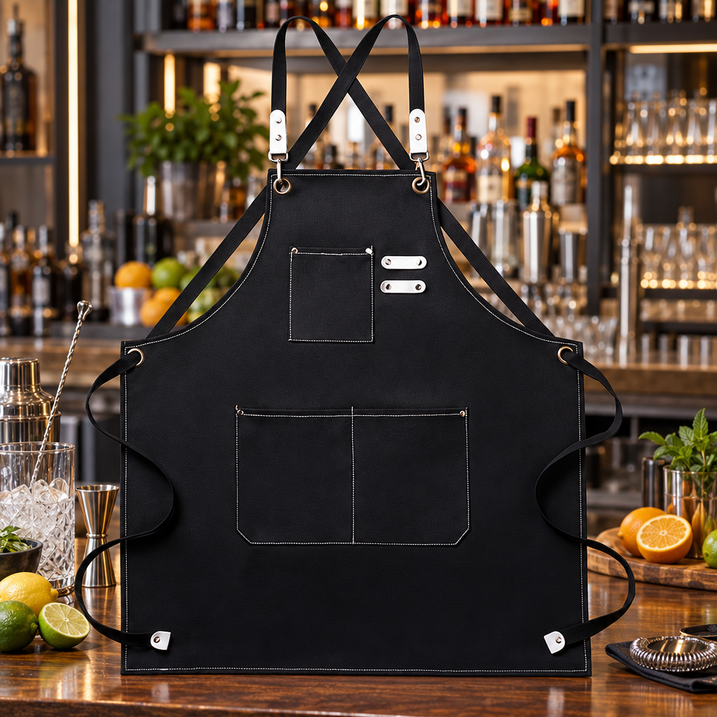 Tablier  Sans Manches Noir en Polyester - mise en scène bar