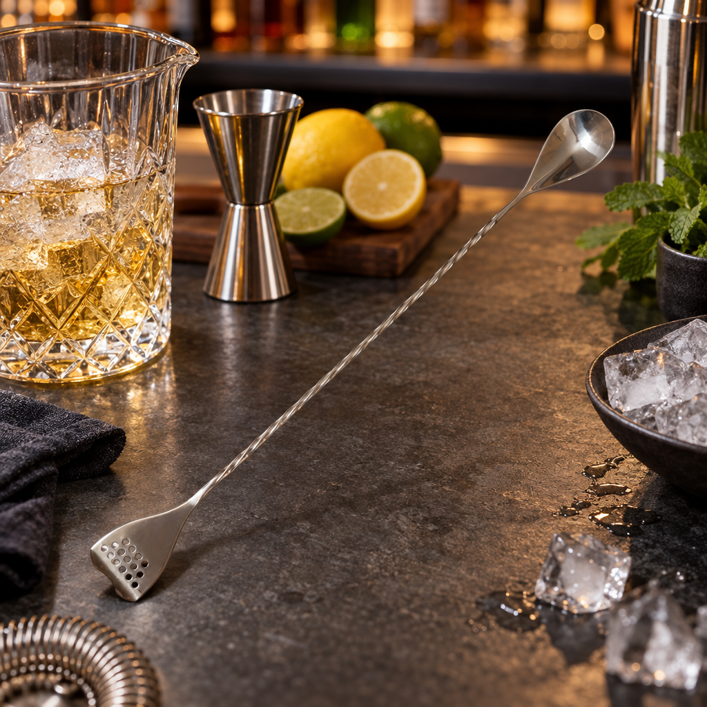 Cuillère de Bar Argentée avec Passoire — 30 ou 40 cm - mise en scène bar