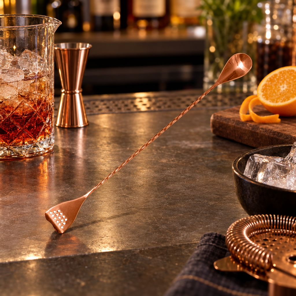 Cuillère de Bar Cuivrée avec Passoire — 30 ou 40 cm - mise en scène bar