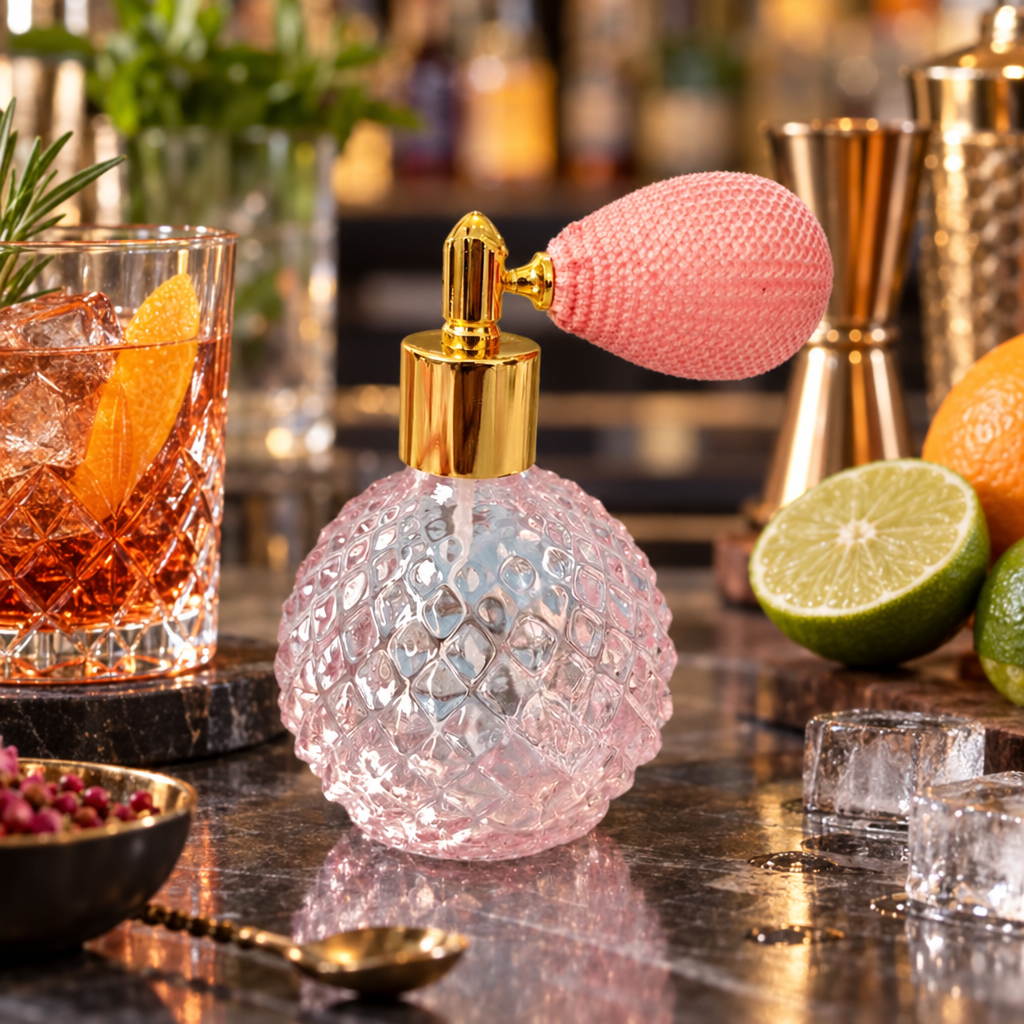 Flacon Pulvérisateur en Verre Rose - mise en scène bar